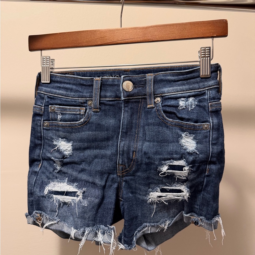 American Eagle Outfitters Dark Blue Distressed Jean Shorts